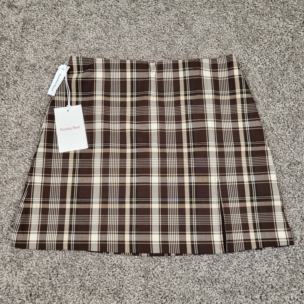 Sunday Best Tatiana Skirt Women 4 Brown Plaid NEW Mini Front Slit A-Line Aritzia